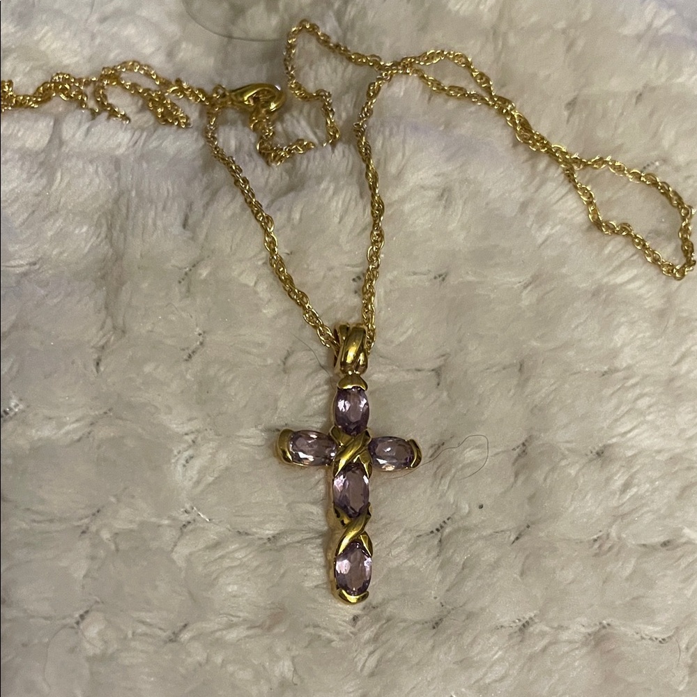 Gold and Purple amethyst Cross Pendant Necklace